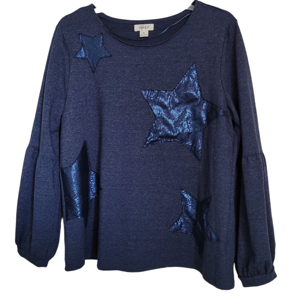 Style and Co Sequin Stars Embellished Women's Log Sleeve Top Size XL